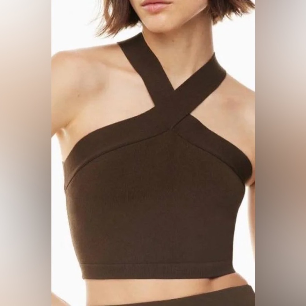 Brown Babaton tank top with neck straps. Thin ribbing. Size small.